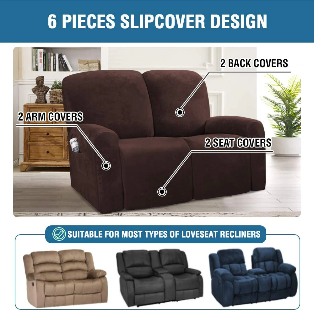 6Pcs/Set Velvet Recliner Sofa Covers Velvet Stretch High Grade Reclining Couch Covers For 2 Cushion Sofa Home Decor Covers Fit Soft Washable - Image 4