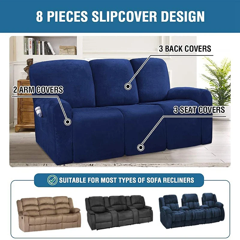 High Grade 3 Seat Recliner Sofa Chair Cover Velvet Recliner Covers Armchair Non-slip Relax Armchair Cover Elastic Suede Couch Chair Protector - Image 3