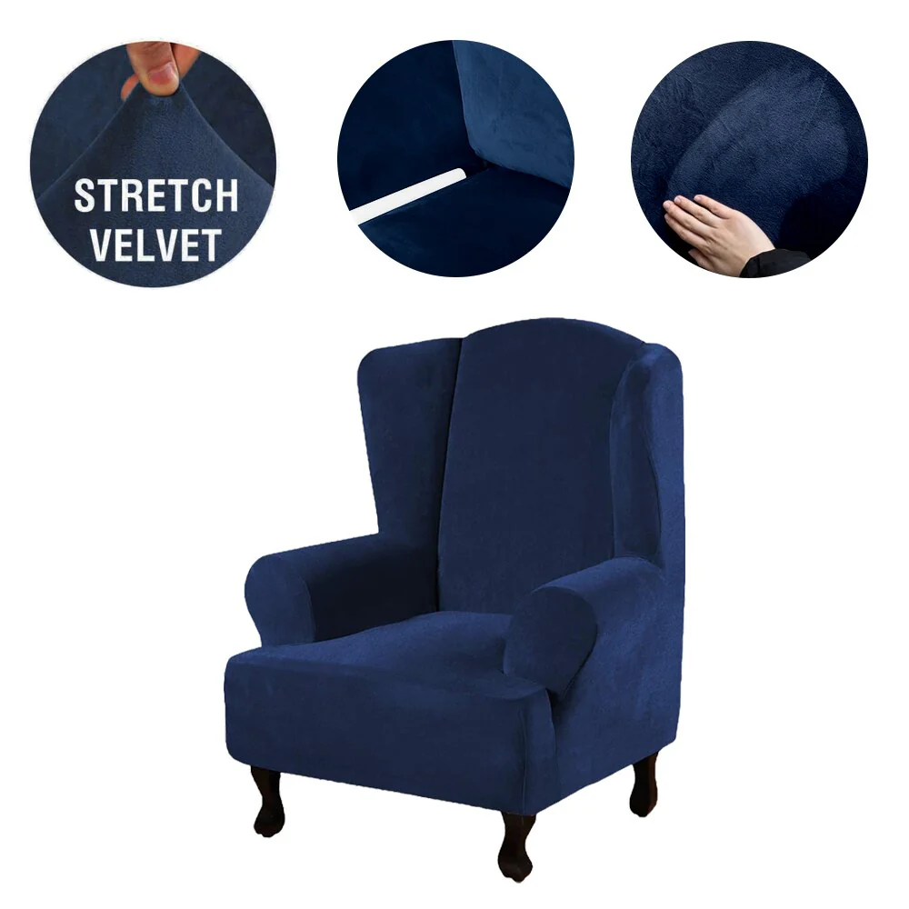 High Grade Velvet Fabric Sofa Wing Chair Cover Stretch Single Chair Cover Wing Back Armchair Protector Cover Furniture Stretch Thick Cover - Image 9