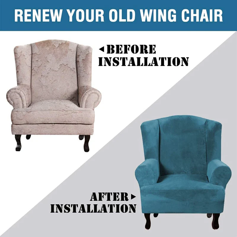 Velvet Elastic Wing Armchair Slipcover Velvet Plush Wing Back Chair Sofa Cover Plush Stretch Washable Removeble Furniture Protector - Image 3