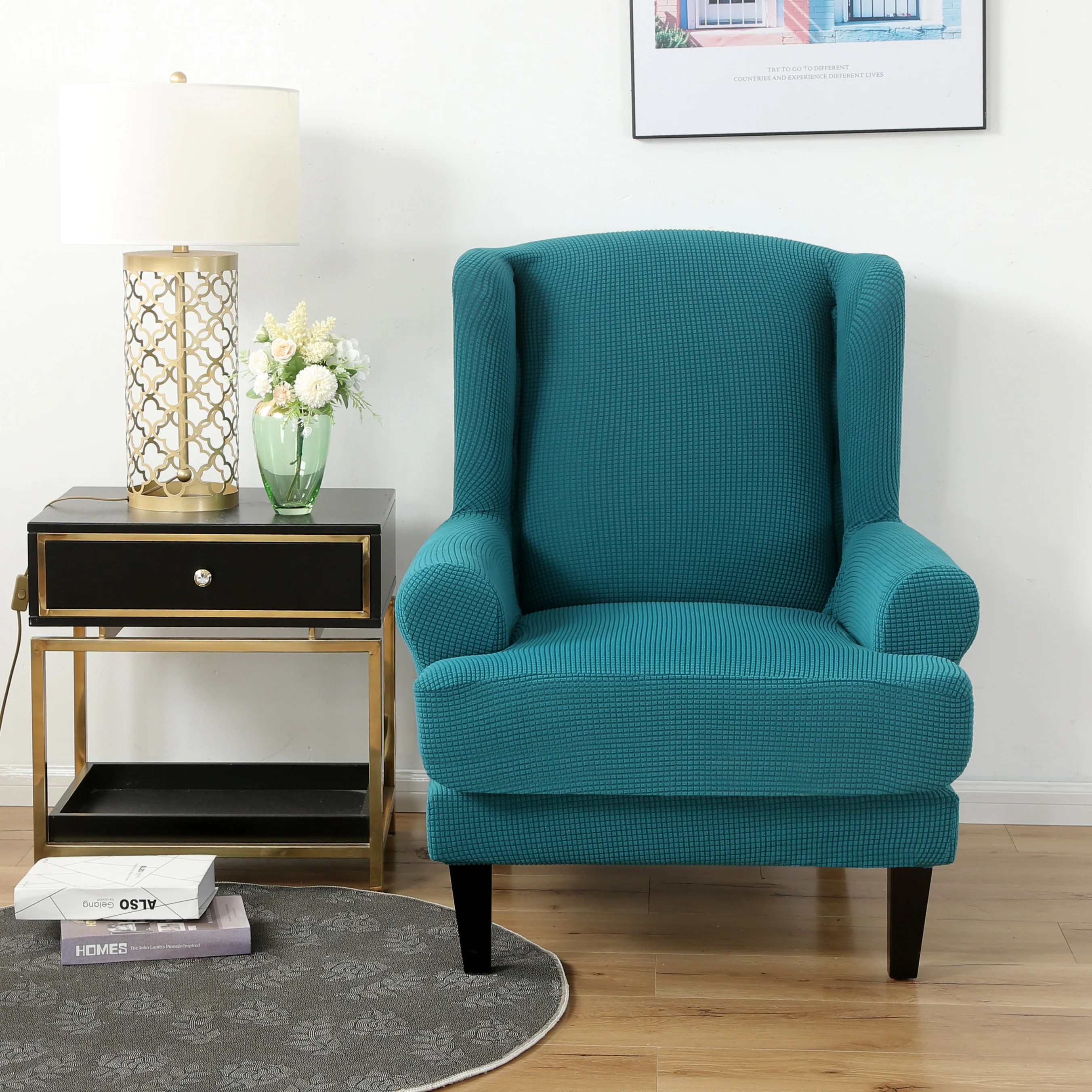 Wing Back Chair Cover Jacquard Spandex Stretch Slipcovers for Office Chairs Stylish 2 Piece Set with Elastic Band Wing Chair Cover - Image 3