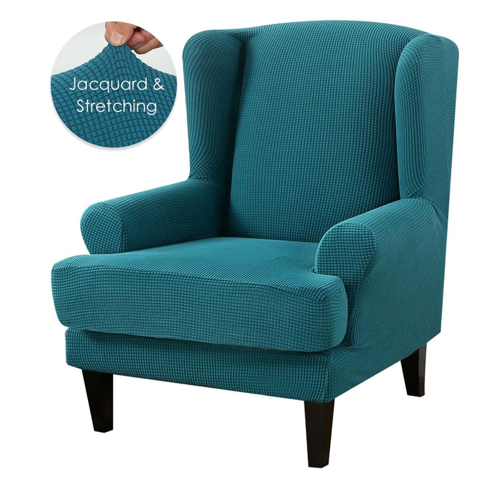Wing Back Chair Cover Jacquard Spandex Stretch Slipcovers for Office Chairs Stylish 2 Piece Set with Elastic Band Wing Chair Cover - Image 4